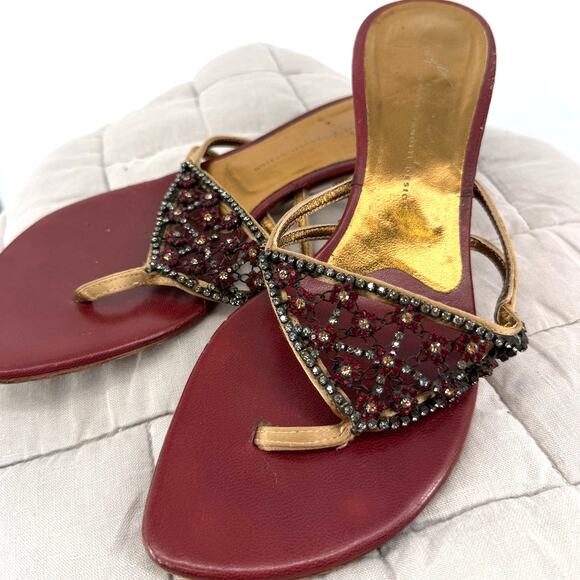 Giuseppe Zanotti Shoes - Giuseppe Zanotti Kitten Heel Thong Sandals Rhinestone Mesh Straps Gold Red 38